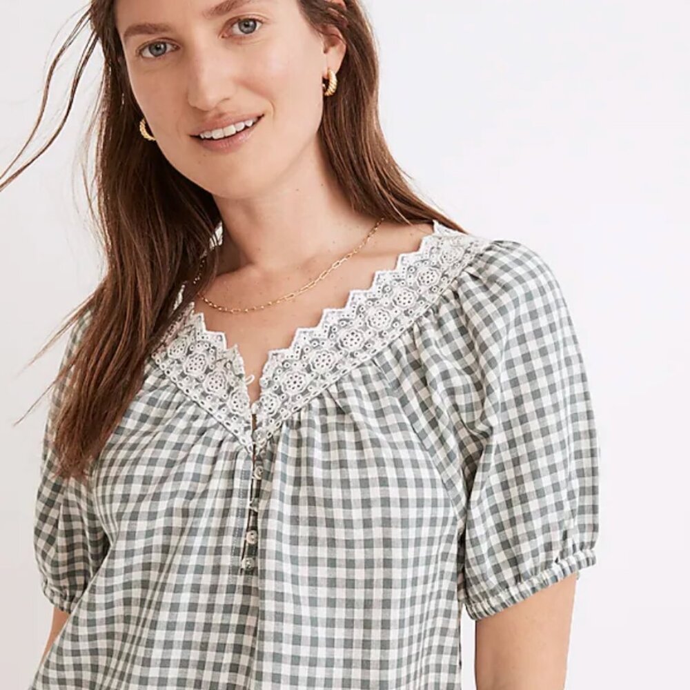 Madewell Embroidered Linen-Blend Swing Top in Gingham Check Size XL